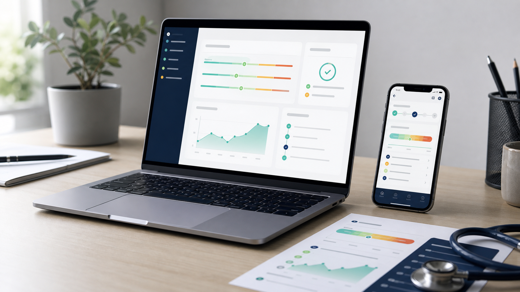 Clinician-reviewed report dashboard on laptop and phone